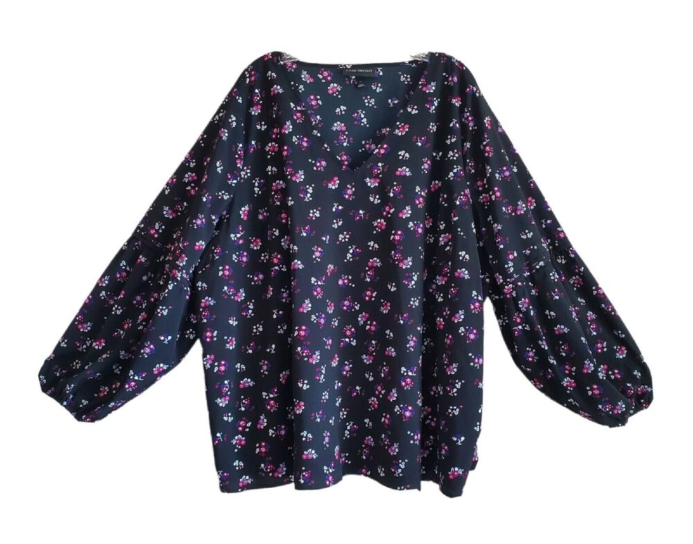 LANE BRYANT Plus 28 Blouse V-Neck Black Pink Purple Floral Balloon Sleeve 58"
